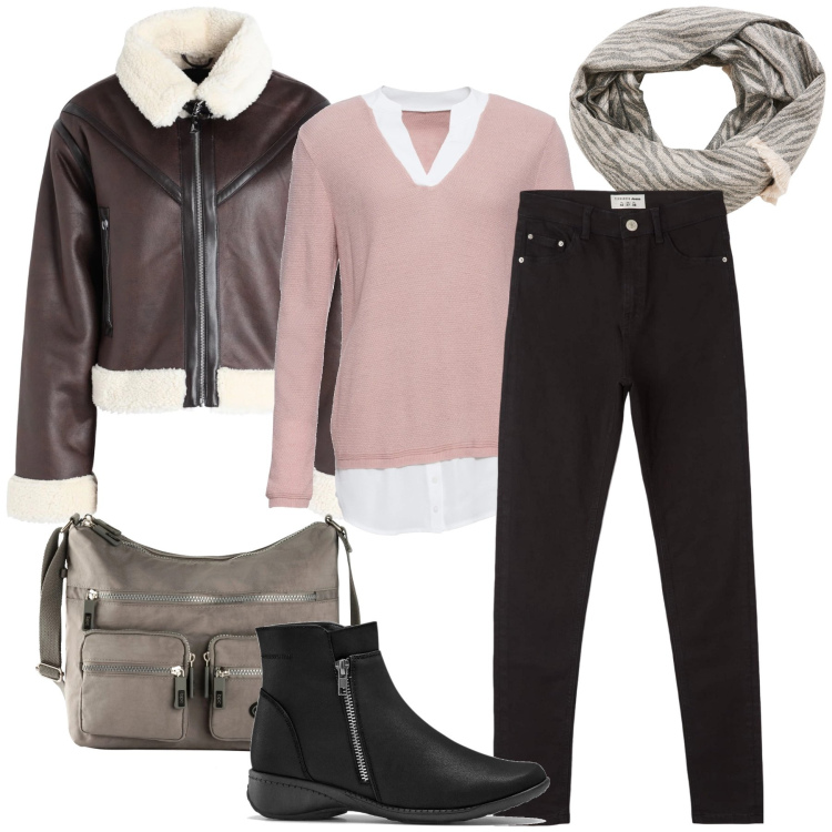 Outfit donna - L’ecomontone. Stile Basic per Tutti i giorni. Abbinamento con stivaletti, borse a tracolla, maglieria, blazer, jeans skinny, sciarpe.