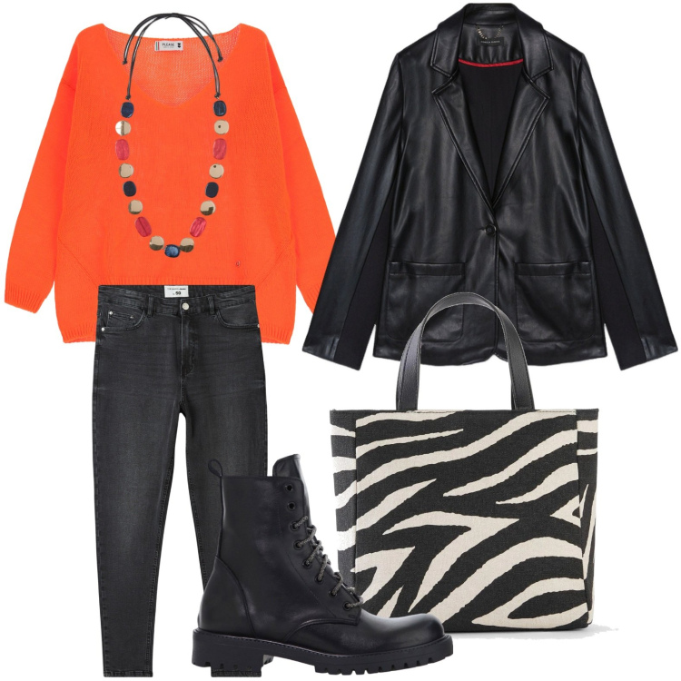 Outfit donna - Blazer skin. Stile Etnico per Ufficio. Abbinamento con borse a mano, jeans skinny, maglieria, stivaletti, collane, blazer.