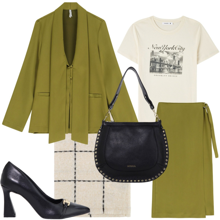 Outfit donna - Guardaroba al curry. Stile Romantica per Ufficio. Abbinamento con sciarpe, gonne longuette, blazer, stivaletti, borse a spalla, t-shirt.
