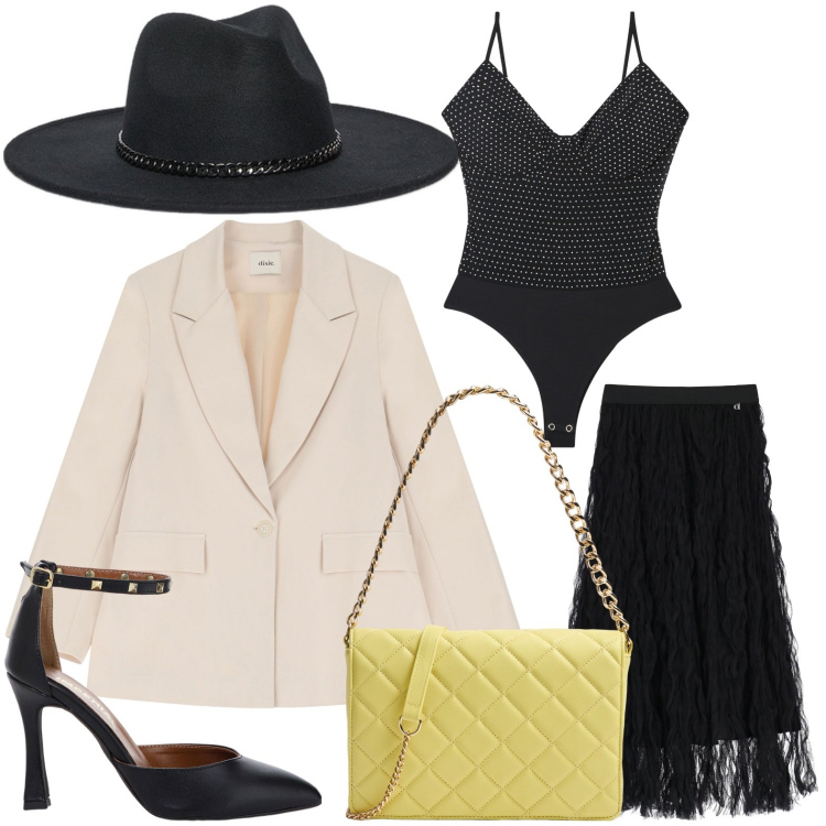 Outfit donna - Décolleté chic. Stile Glamour per Serata fuori. Abbinamento con body, borse a tracolla, décolleté, gonne lunghe, blazer, cappelli.