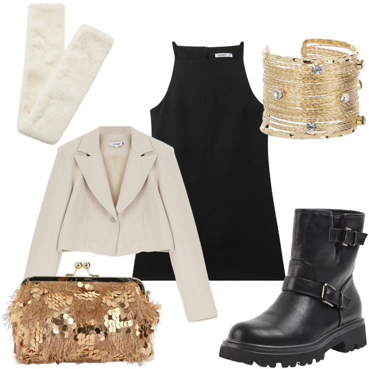 Outfit donna - Gold per illuminare. Stile Basic per Serata fuori. Abbinamento con stivaletti, vestiti corti, sciarpe, blazer, borse a spalla, braccialetti.