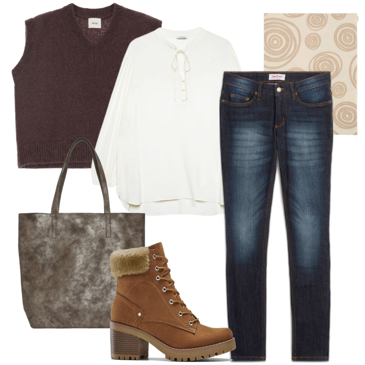Outfit donna - Il gilet moka. Stile Casual chic per Tutti i giorni. Abbinamento con stivaletti, jeans skinny, borse tote, gilet, foulard, bluse.