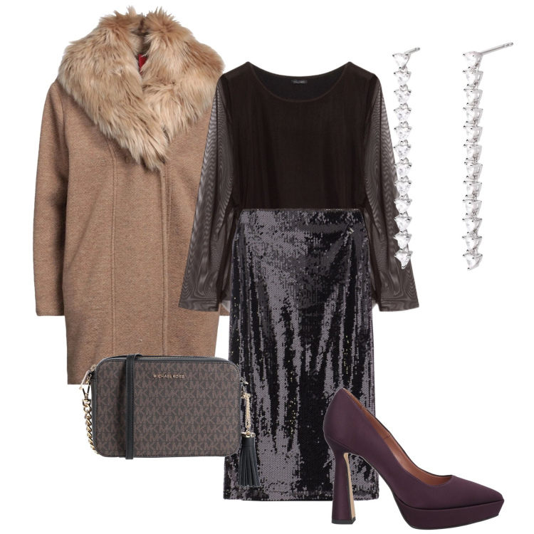 Outfit donna - Il colletto impellicciato. Stile Glamour per Serata fuori. Abbinamento con borse a tracolla, décolleté, cappotti, orecchini, gonne longuette, t-shirt.