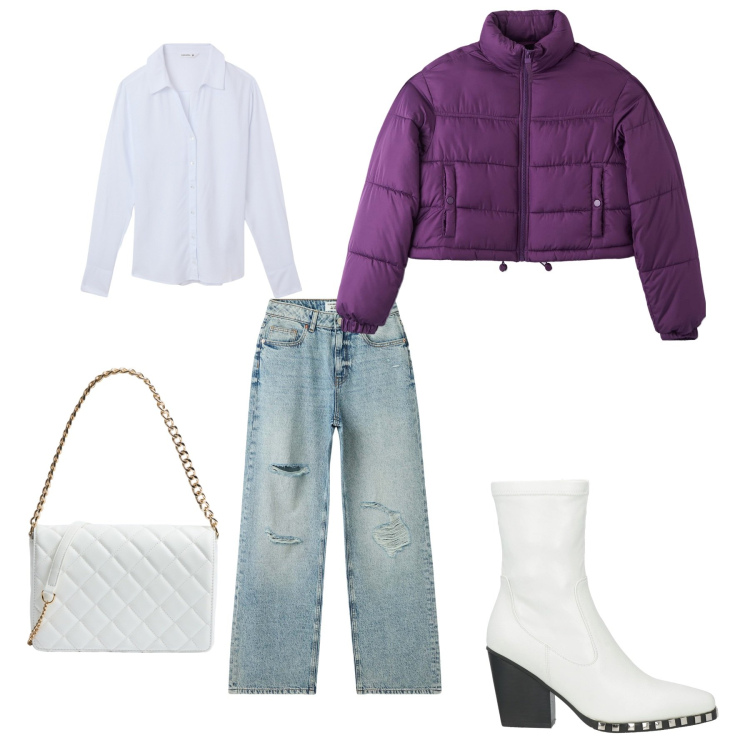 Outfit donna - Bianco inverno. Stile Casual per Tutti i giorni. Abbinamento con stivaletti texani, camicie, piumini, jeans strappati, borse a tracolla.
