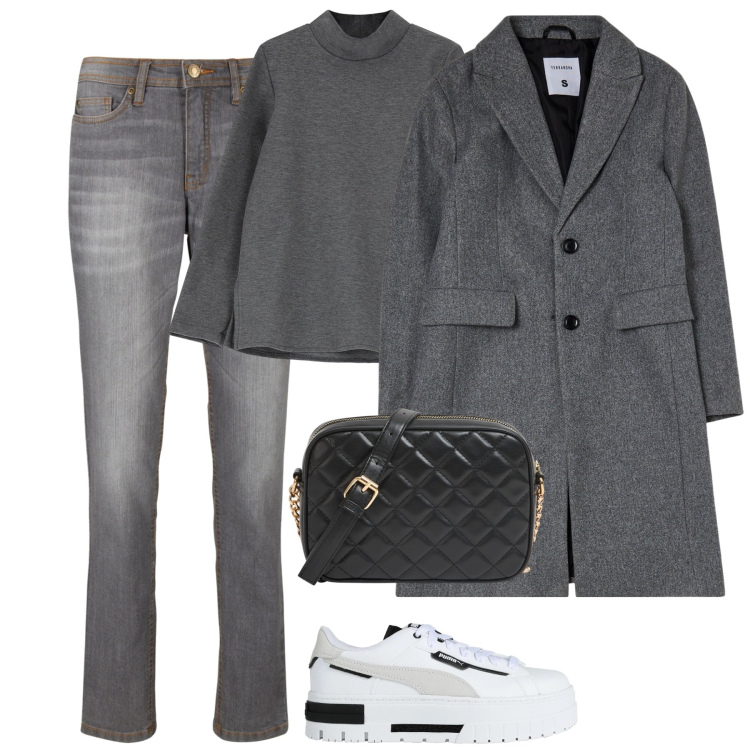 Outfit donna - City. Stile Casual chic per Tutti i giorni. Abbinamento con jeans mom, sneakers, borse a tracolla, cappotti, maglieria.