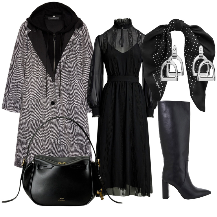 Outfit donna - Cocktail time. Stile Romantica per Serata fuori. Abbinamento con stivali, foulard, borse a mano, orecchini, vestiti, cappotti.
