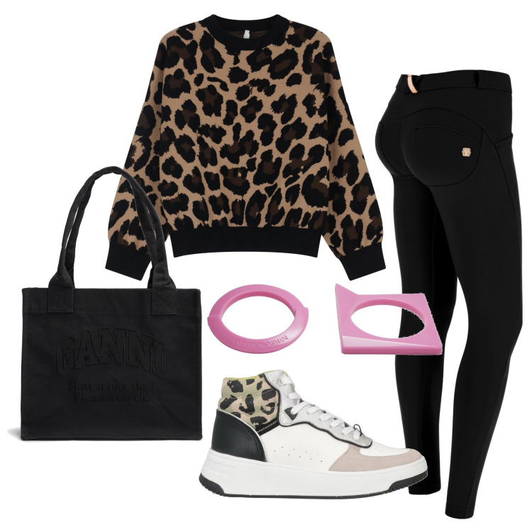 Outfit donna - Animalier urban. Stile Urban per Sport. Abbinamento con braccialetti, sneakers, maglieria, pantaloni skinny, shopping bag.
