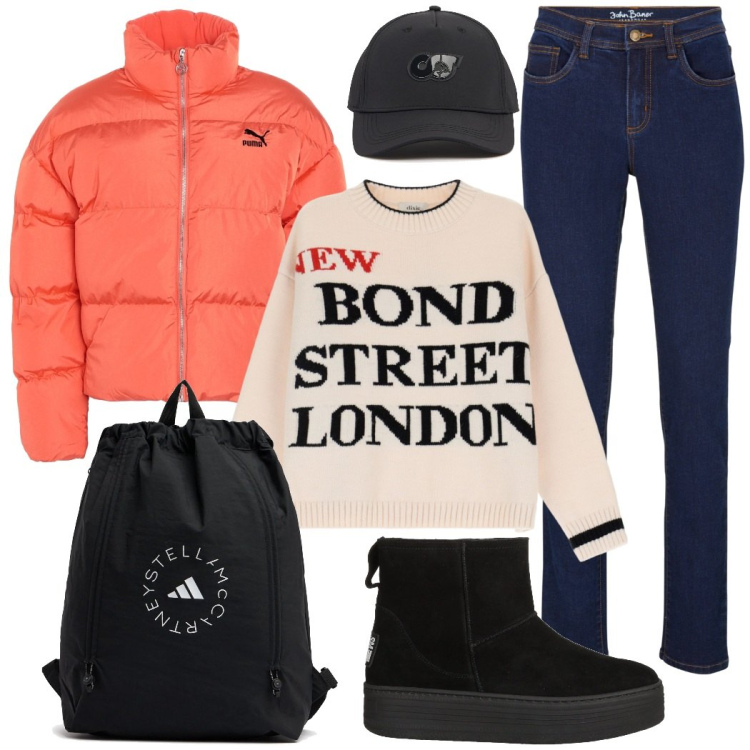 Outfit donna - Tempo libero. Stile Casual per Tutti i giorni. Abbinamento con jeans, stivaletti, piumini, maglieria, cappelli, zaini.