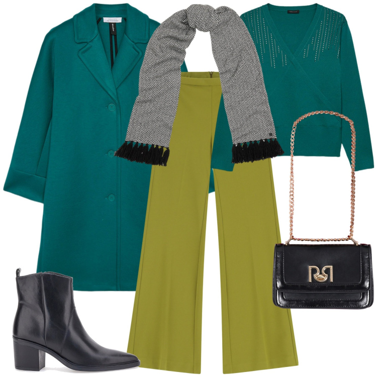 Outfit donna - Cappotti avvolgenti e maxi sciarpe. Stile Chic per Ufficio. Abbinamento con borse a tracolla, pantaloni, sciarpe, stivaletti, maglieria, cappotti.