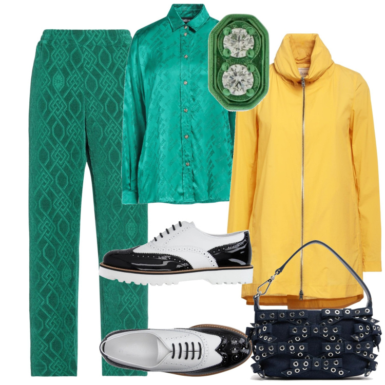 Outfit donna - Un po\' di colore. Stile Trendy per Ufficio. Abbinamento con scarpe stringate, camicie, pantaloni, trench, orecchini, clutch.