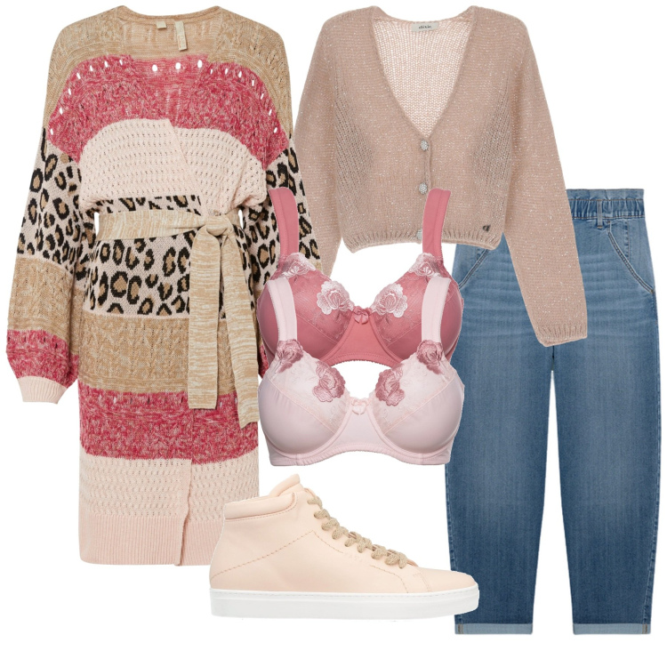 Outfit donna - Cardigan multicolore. Stile Casual per Tutti i giorni. Abbinamento con reggiseni, cardigans, sneakers alte, cardigans, jeans.