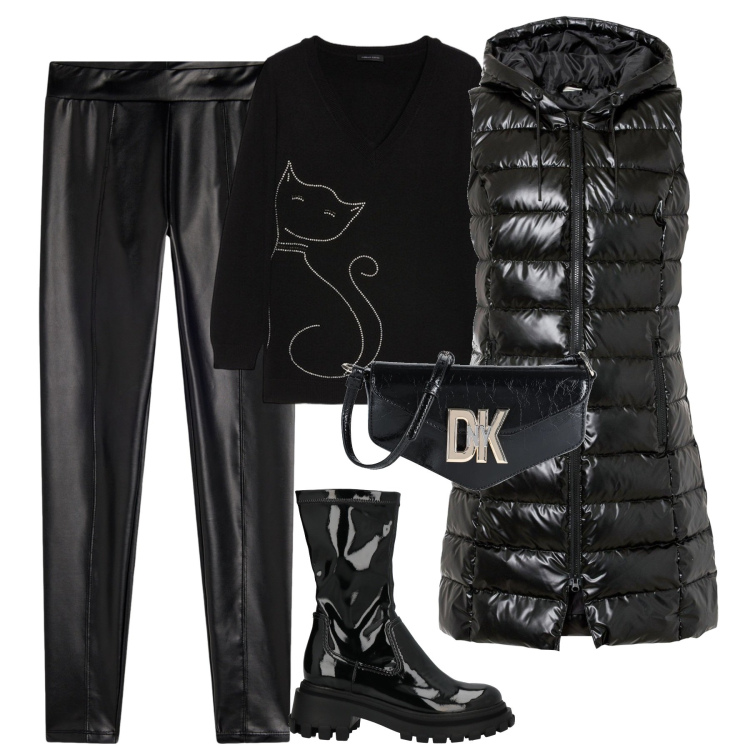 Outfit donna - City. Stile Urban per Tutti i giorni. Abbinamento con gilet, stivaletti, borse a tracolla, treggings, maglieria.
