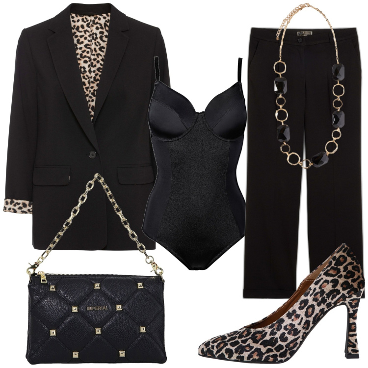 Outfit donna - Primo appuntamento. Stile Chic per Serata fuori. Abbinamento con pantaloni, body, blazer, borse a spalla, décolleté, collane.