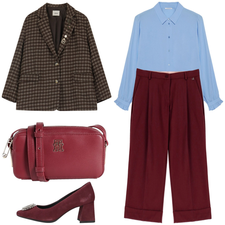 Outfit donna - Blazer a scacchi. Stile Casual chic per Tutti i giorni. Abbinamento con borse a tracolla, décolleté, blazer, pantaloni chino, camicie.