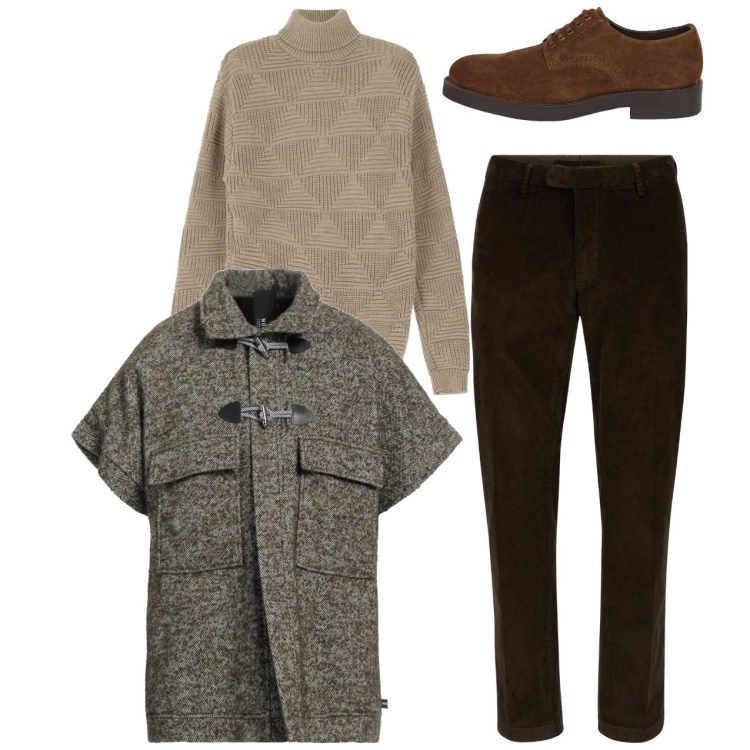 Outfit uomo - Marrone in città. Stile Trendy per Tutti i giorni. Abbinamento con montgomery, maglieria, scarpe stringate, pantaloni.