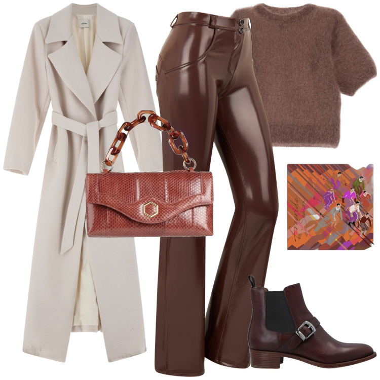 Outfit donna - City. Stile Trendy per Tutti i giorni. Abbinamento con stivaletti chelsea, borse a mano, t-shirt, pantaloni, cappotti, foulard.