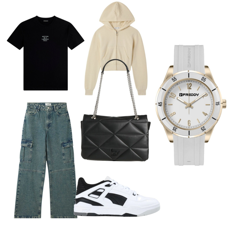 Outfit donna - Outfit comodo. per Scuola/Università. Abbinamento con borse a spalla, sneakers, jeans, felpe con cappuccio, t-shirt, orologi.