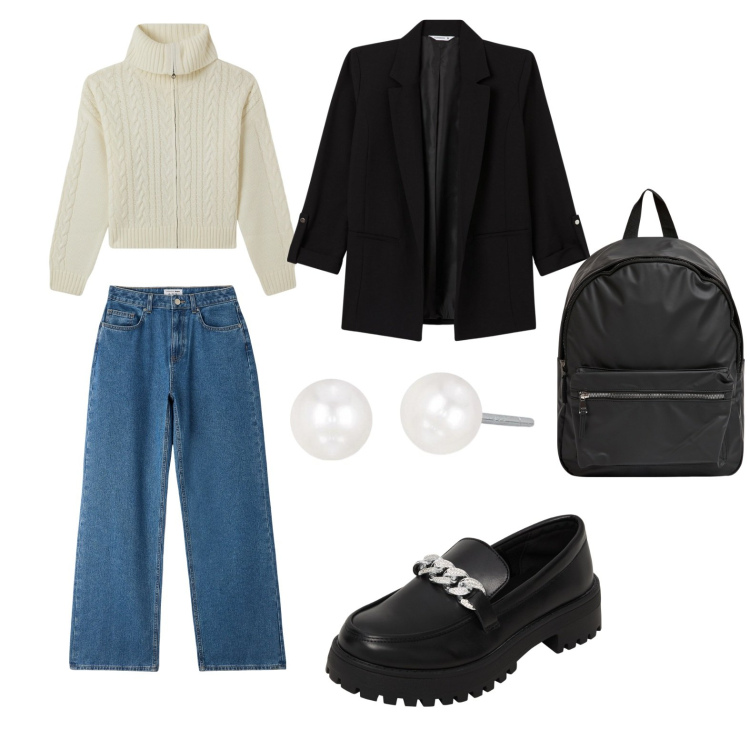 Outfit donna - La bellezza. per Tutti i giorni. Abbinamento con mocassini, blazer, jeans, zaini, cardigans, orecchini.