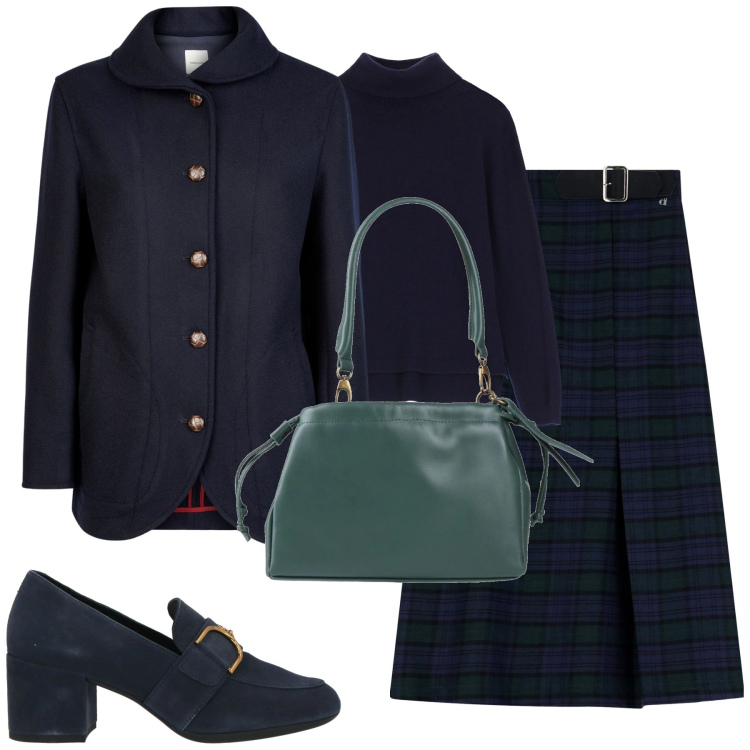 Outfit donna - City. Stile Vintage retrò per Tutti i giorni. Abbinamento con borse a mano, mocassini, maglieria, gonne lunghe, blazer.