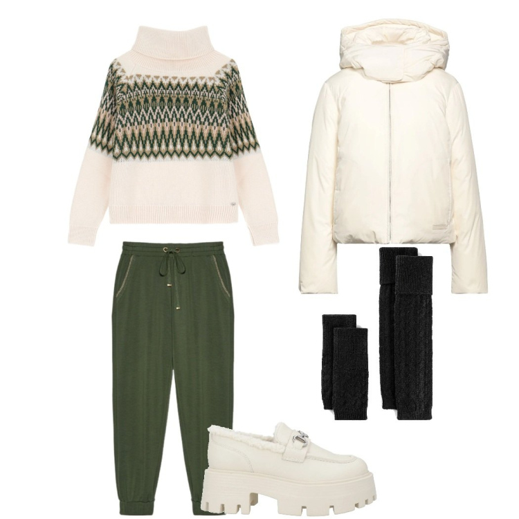 Outfit donna - Caldo inverno. Stile Casual per Tutti i giorni. Abbinamento con calzini, piumini, mocassini, maglieria, pantaloni.
