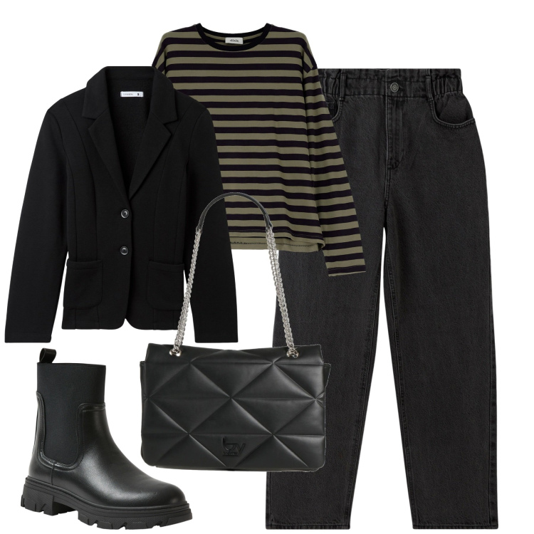 Outfit donna - City. Stile Casual per Tutti i giorni. Abbinamento con borse a spalla, jeans, blazer, stivaletti chelsea, maglieria.