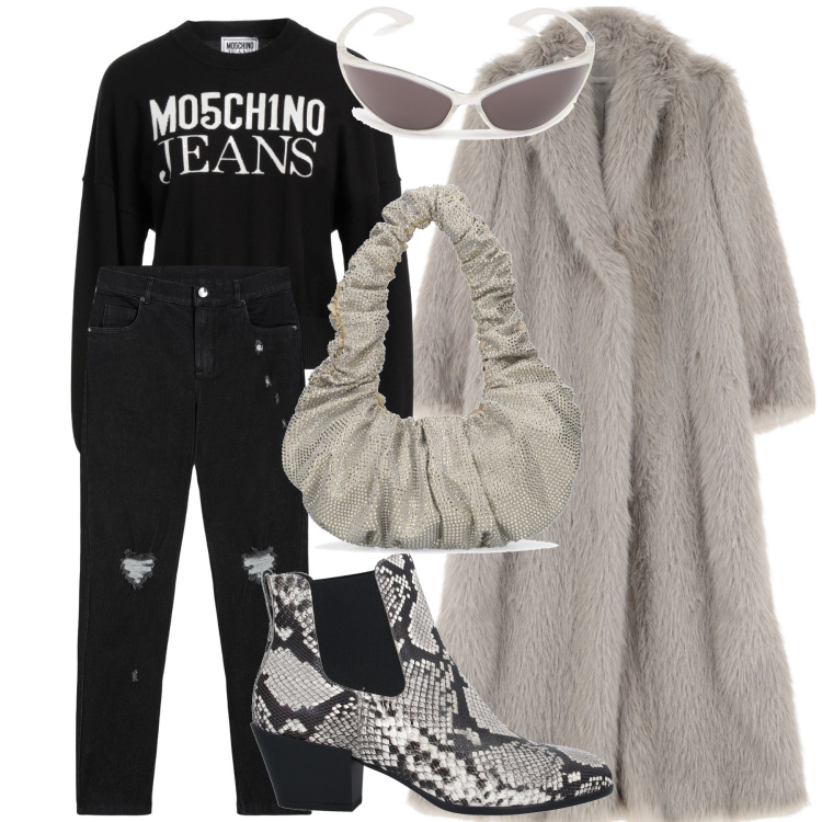 Outfit donna - Tra le vetrine del centro città. Stile Glamour per Tutti i giorni. Abbinamento con stivaletti chelsea, pullovers, ecopellicce, jeans skinny, borse a spalla, occhiali da sole.