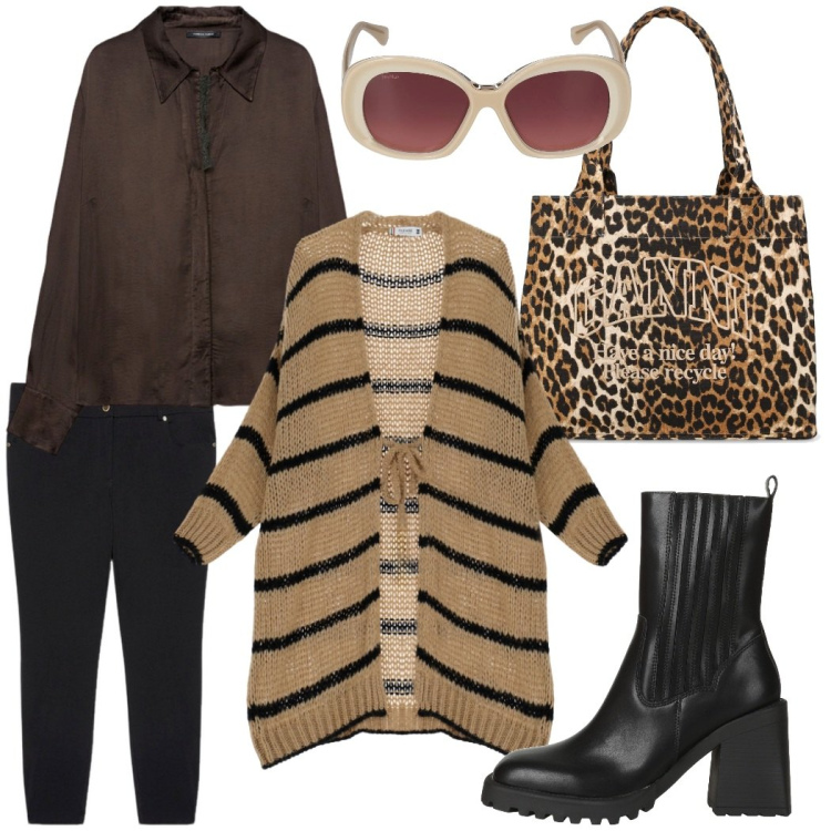 Outfit donna - Shopping in centro. Stile Urban per Tutti i giorni. Abbinamento con stivaletti chelsea, cardigans, pantaloni skinny, camicie, shopping bag, occhiali da sole.