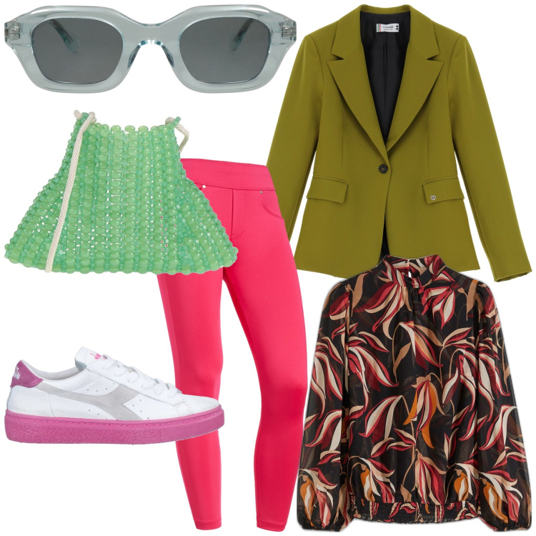 Outfit donna - Coloriamo il mondo. Stile Trendy per Tutti i giorni. Abbinamento con bluse, sneakers, borse a tracolla, occhiali da sole, blazer, jeggings.