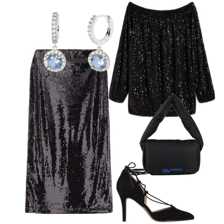 Outfit donna - Un tocco di azzurro. Stile Bon Ton per Serata fuori. Abbinamento con maglieria, décolleté, borse a mano, orecchini, gonne longuette.
