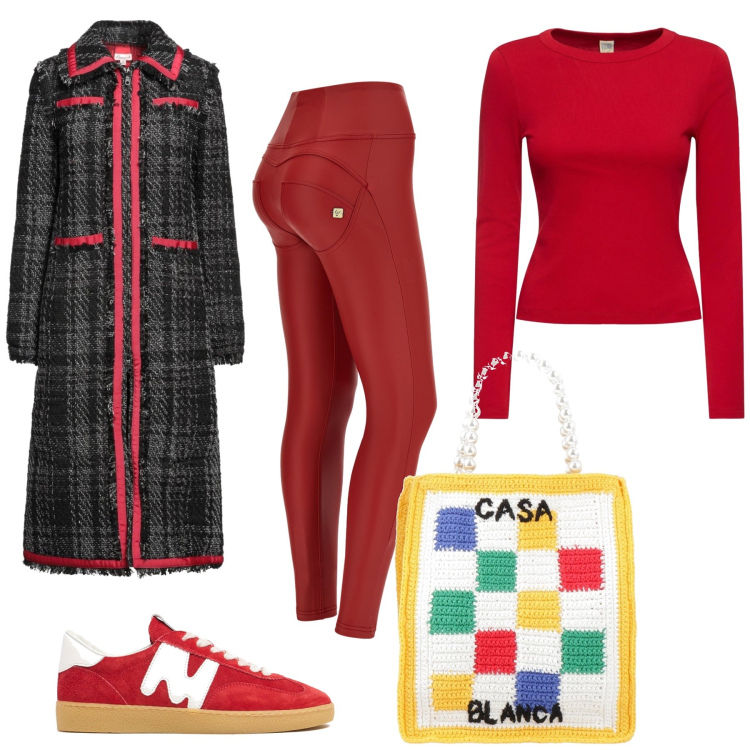Outfit donna - Un po’ estrosa. Stile Trendy per Tutti i giorni. Abbinamento con cappotti, borse a mano, pantaloni skinny, sneakers, t-shirt.