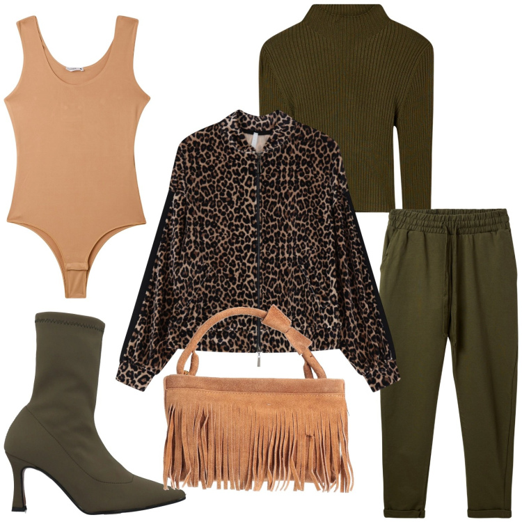 Outfit donna - Animalier in città. Stile Bon Ton per Tutti i giorni. Abbinamento con borse a mano, stivaletti, maglieria, pantaloni, body, bomber.