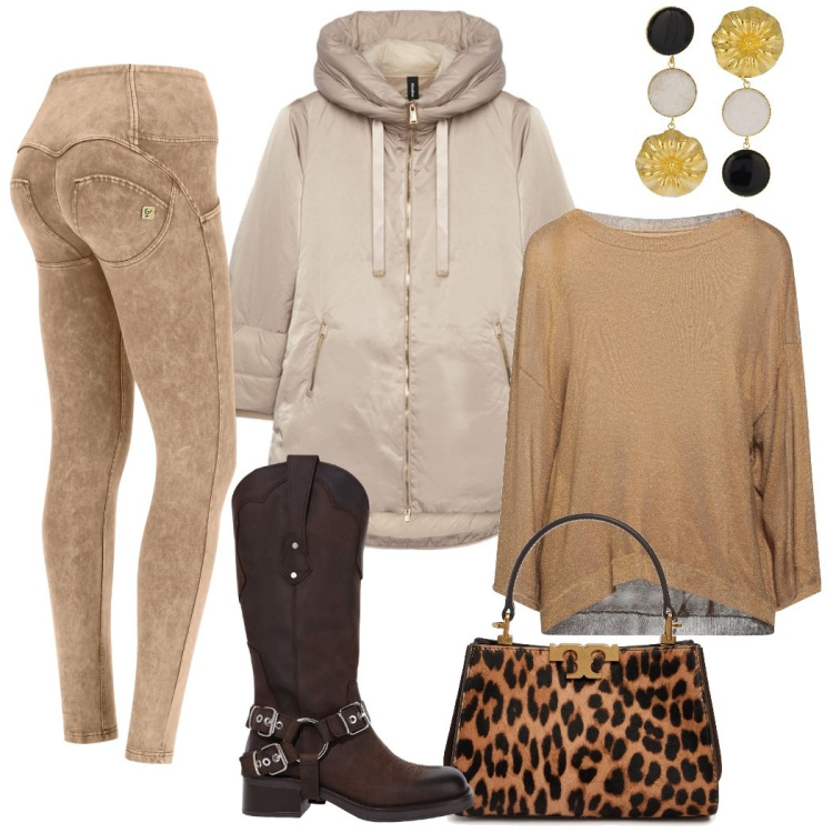 Outfit donna - Caffè con le amiche. Stile Urban per Tutti i giorni. Abbinamento con pullovers, pantaloni skinny, stivali, piumini, borse a mano, orecchini.