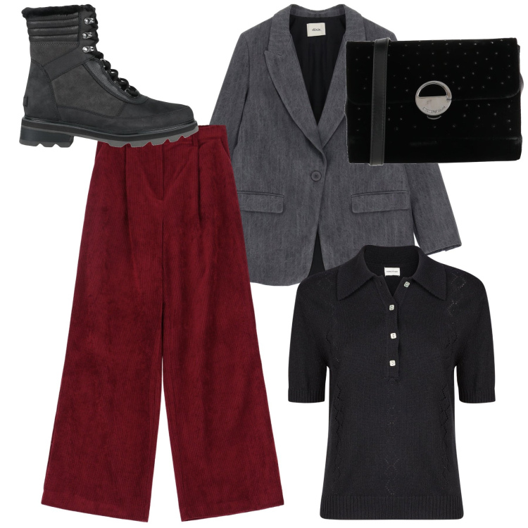 Outfit donna - Pantaloni color vino. Stile Urban per Ufficio. Abbinamento con borse a tracolla, stivaletti, pantaloni a palazzo, blazer, polo.