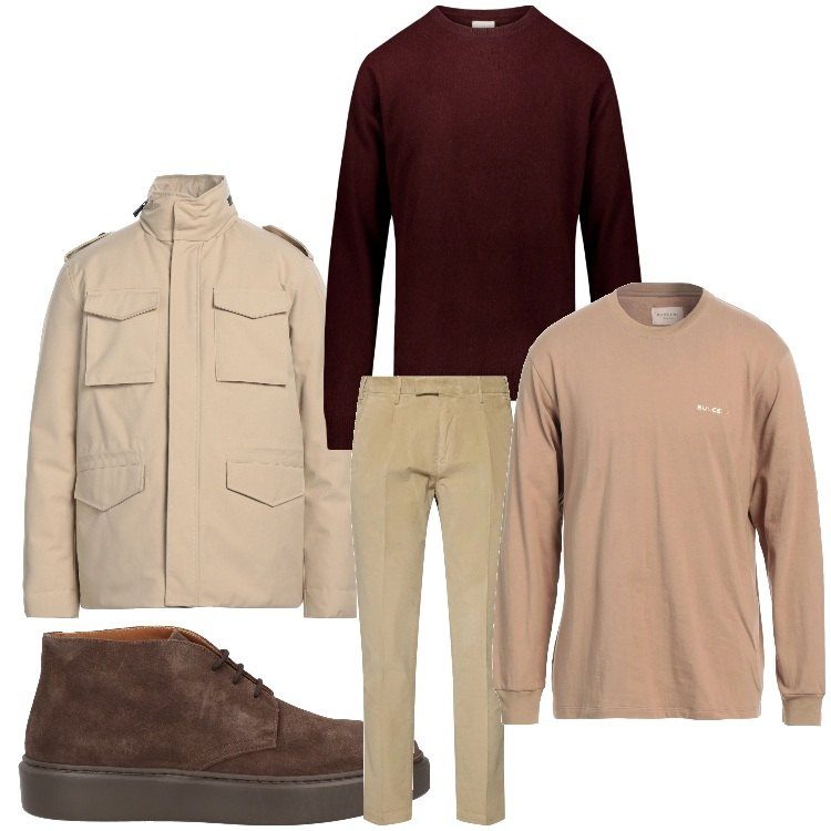 Outfit uomo - Un goccio di bordeaux. Stile Casual per Ufficio. Abbinamento con stivali e stivaletti, t-shirt, piumini, maglieria, pantaloni.