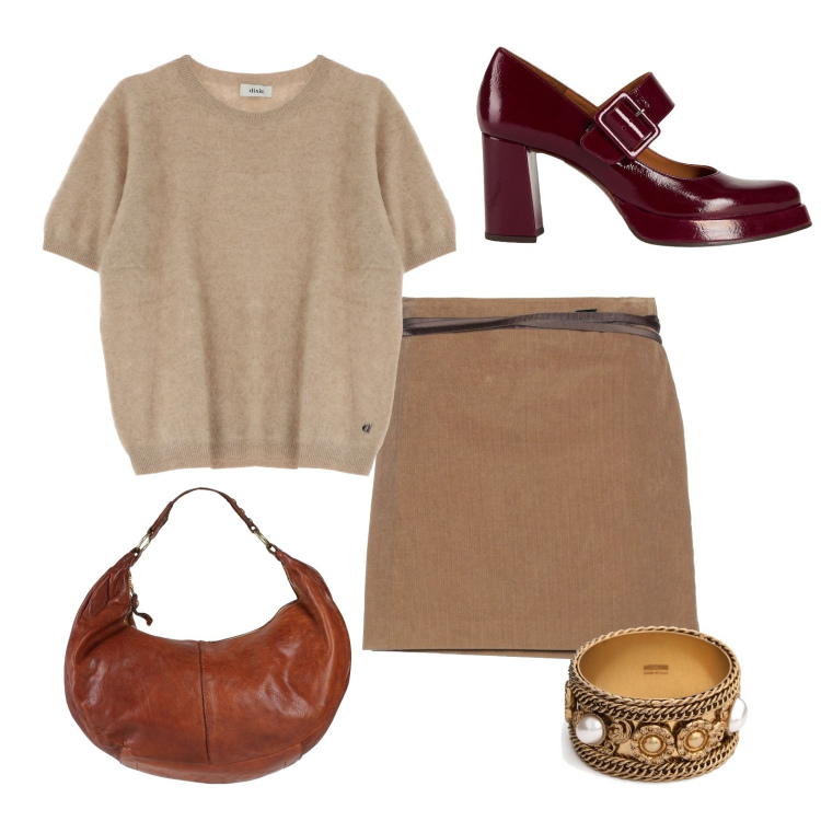 Outfit donna - Colori della natura. Stile Casual chic per Ufficio. Abbinamento con minigonne, décolleté, borse a mano, pullovers, braccialetti.