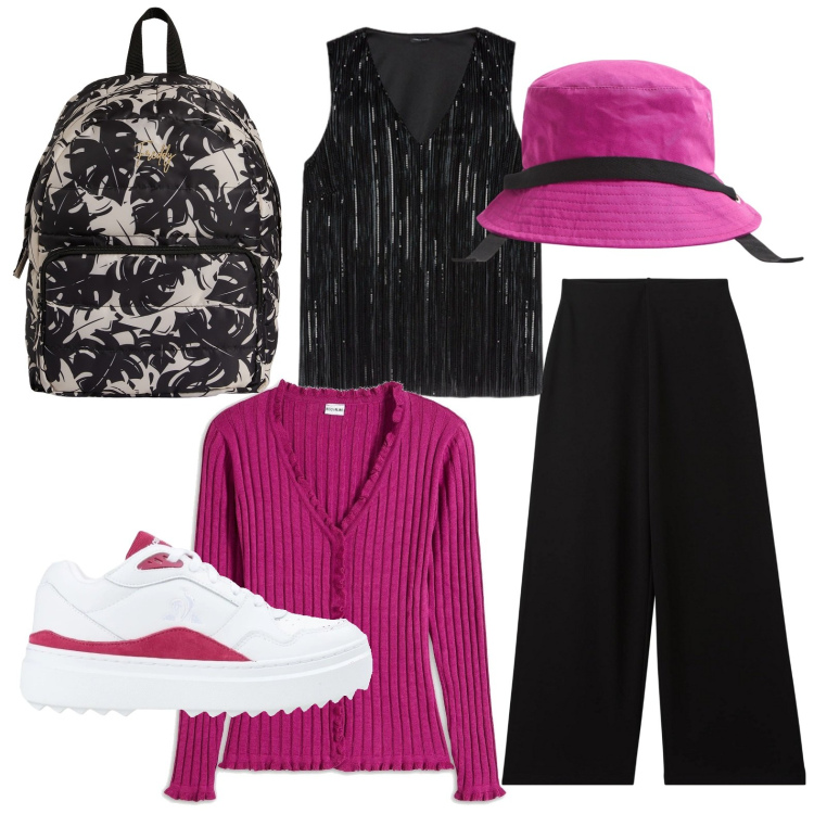 Outfit donna - Fuxia lovers. Stile Minimal per Scuola/Università. Abbinamento con cardigans, sneakers, cappelli, pantaloni, zaini, top.