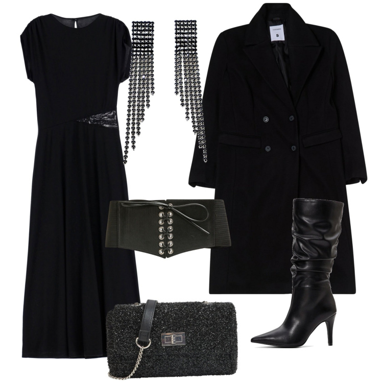 Outfit donna - Total black. Stile Glamour per Serata fuori. Abbinamento con stivali, cinture, borse a tracolla, cappotti, orecchini, vestiti lunghi.