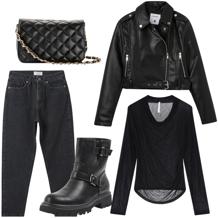 Outfit donna - Total black. Stile Casual per Tutti i giorni. Abbinamento con borse a tracolla, jeans mom, giacche, stivaletti, pullovers.