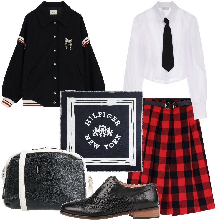 Outfit donna - Preppy Style. Stile Preppy per Scuola/Università. Abbinamento con scarpe stringate, sciarpe, borse a tracolla, gonne, bomber, camicie.