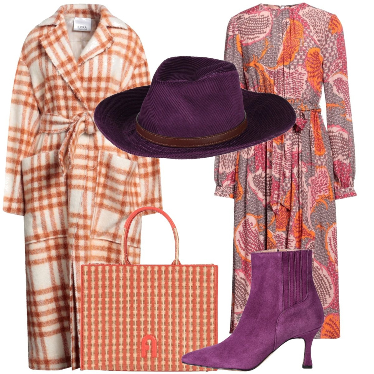 Outfit donna - Total look #2041264. Stile Boho per Tutti i giorni. Abbinamento con stivaletti, cappotti, borse a mano, vestiti midi/longuette, cappelli.