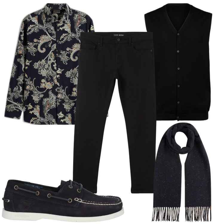 Outfit uomo - Total look #2041266. Stile Casual per Tutti i giorni. Abbinamento con camicie, scarpe stringate, pantaloni skinny, sciarpe, gilet.