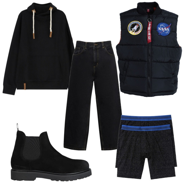 Outfit uomo - Total look #2041267. Stile Trendy per Tutti i giorni. Abbinamento con boxer, stivali e stivaletti, giacche, felpe con cappuccio, jeans.