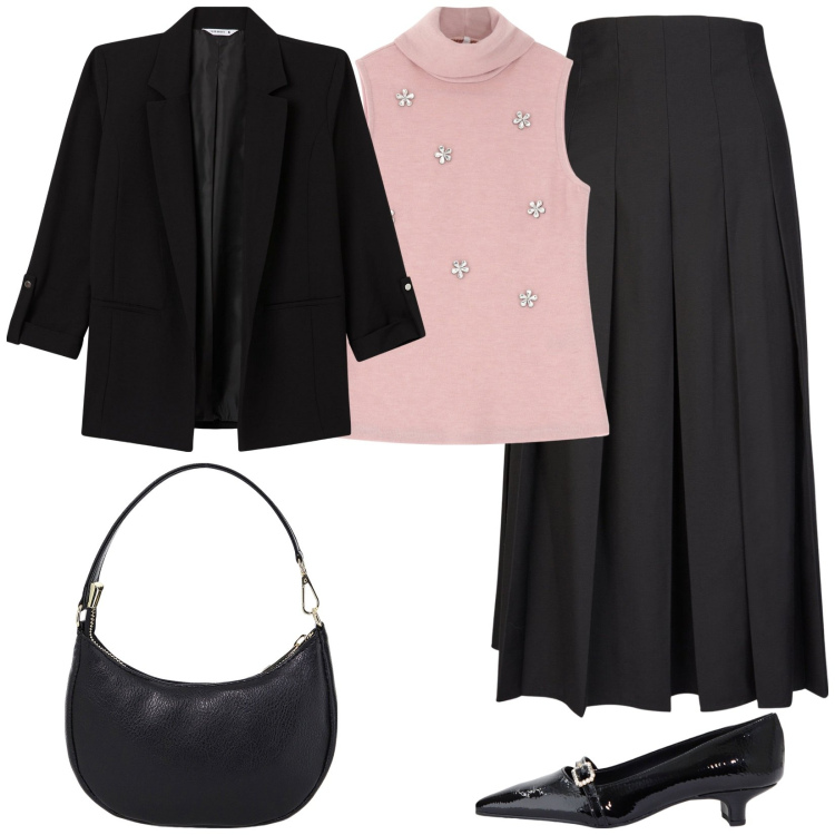 Outfit donna - Total look #2041274. Stile Glamour per Serata fuori. Abbinamento con blazer, maglieria, ballerine, borse a spalla, gonne longuette.