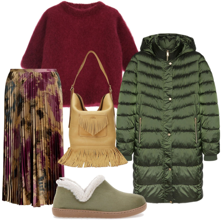 Outfit donna - Gonne midi per ogni occasione. Stile Bon Ton per Ufficio. Abbinamento con maglieria, gonne, borse a secchiello, pantofole, piumini.