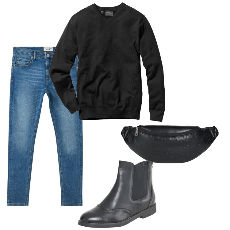 Outfit uomo - Total look #2041291. Stile Casual per Tutti i giorni. Abbinamento con maglieria, borse sportive, stivali e stivaletti, jeans slim fit.