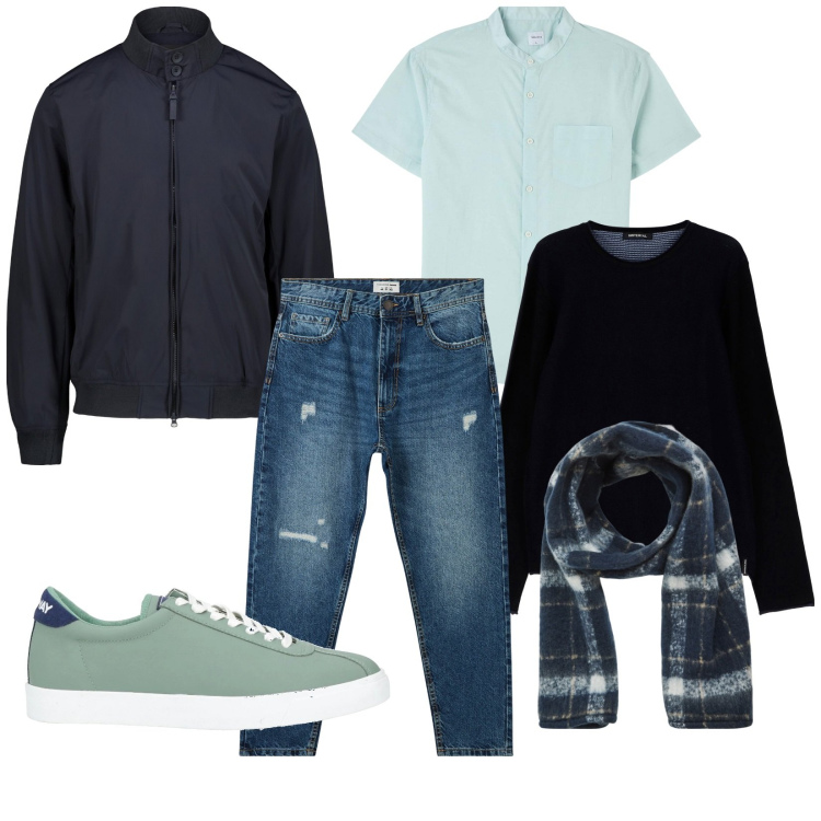 Outfit uomo - Total look #2041298. Stile Trendy per Tutti i giorni. Abbinamento con sneakers, camicie a manica corta, jeans strappati, sciarpe, maglieria, giacche.