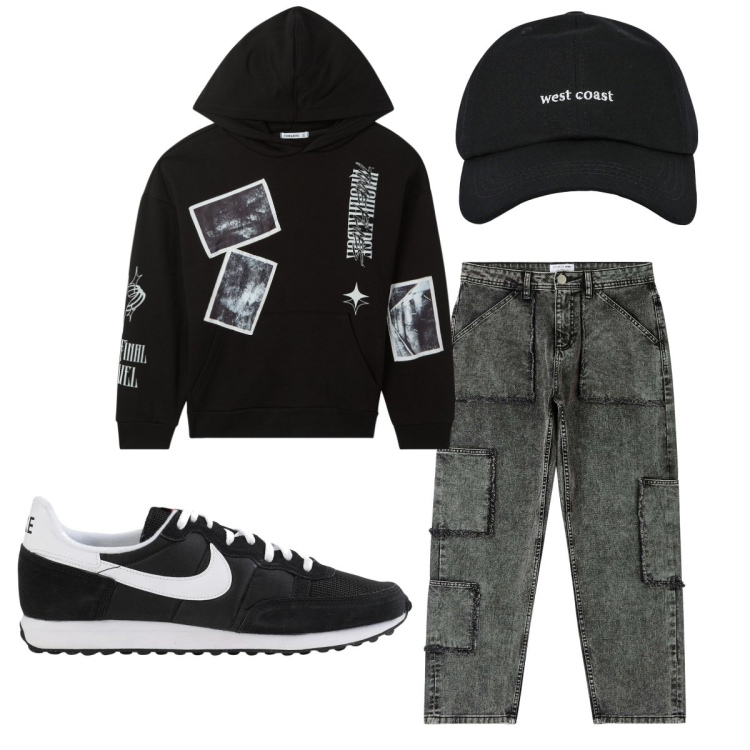 Outfit uomo - Total look #2041309. Stile Casual per Tutti i giorni. Abbinamento con sneakers, felpe con cappuccio, jeans, cappelli con visiera.