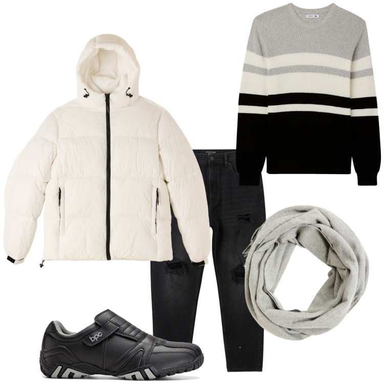 Outfit uomo - Total look #2041310. Stile Casual per Tutti i giorni. Abbinamento con scarpe stringate, piumini, maglieria, jeans strappati, sciarpe.