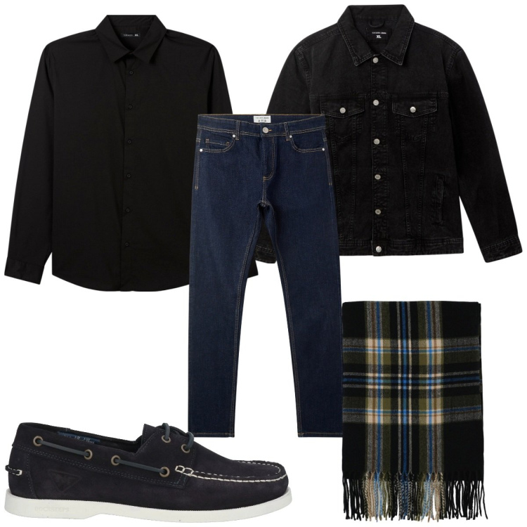 Outfit uomo - Total look #2041319. Stile Casual per Tutti i giorni. Abbinamento con scarpe stringate, giacche, jeans skinny, camicie, sciarpe.