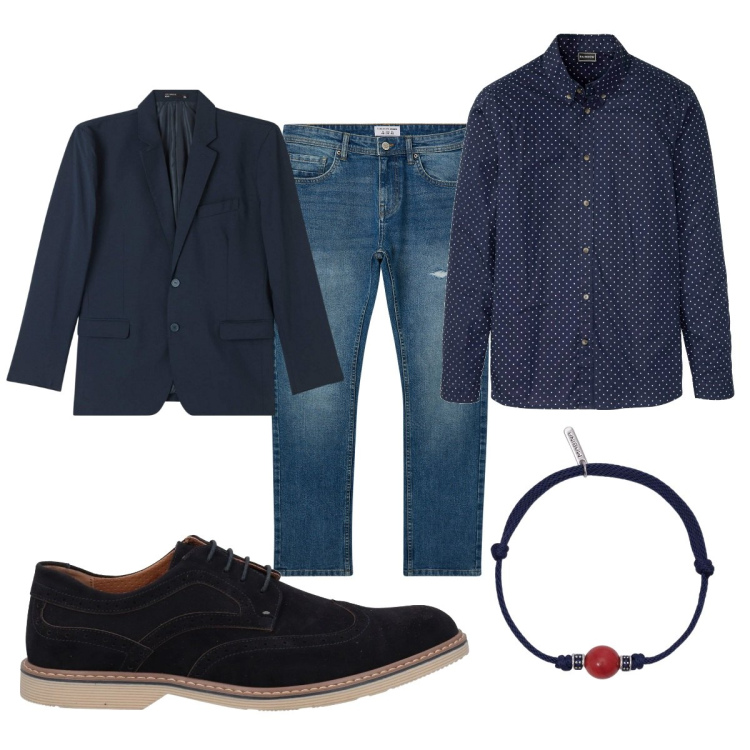 Outfit uomo - Total look #2041322. Stile Trendy per Tutti i giorni. Abbinamento con camicie, scarpe stringate, giacche, jeans strappati, braccialetti.
